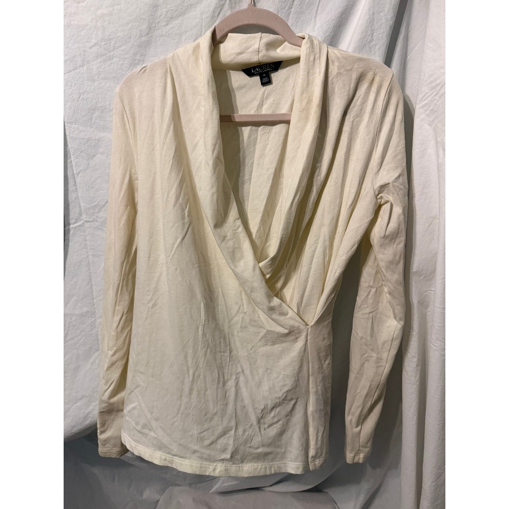 Lauren Ralph Lauren Cream Draped Surplice Faux Wrap Long Sleeve Top Women Medium